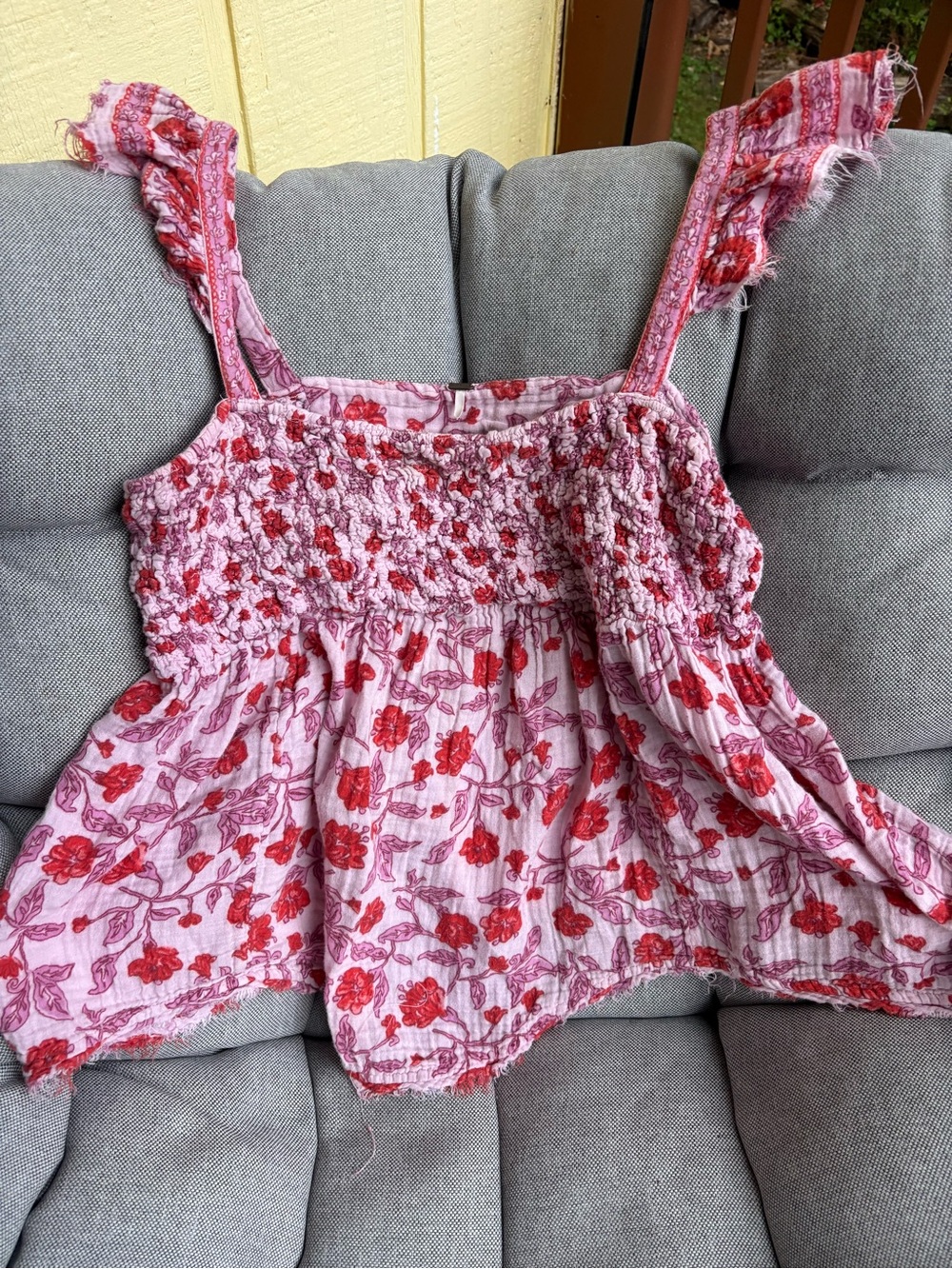 Free People Pink Floral Smocked Cami with Red Accents